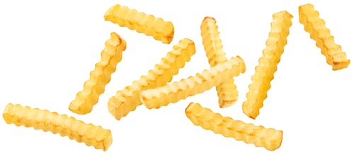 Preview: Falling french fries isolated on white background, full depth of field