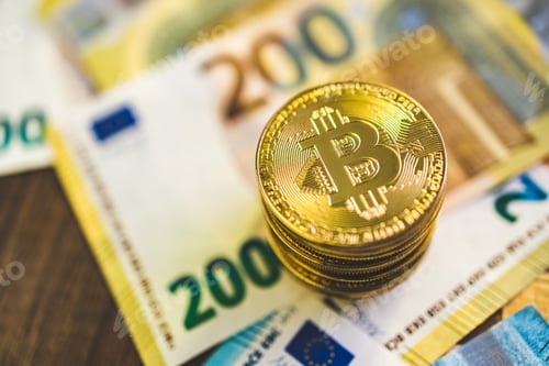 Preview: Cryptocurrency. Bitcoin virtual money. Golden coins and euro banknotes.