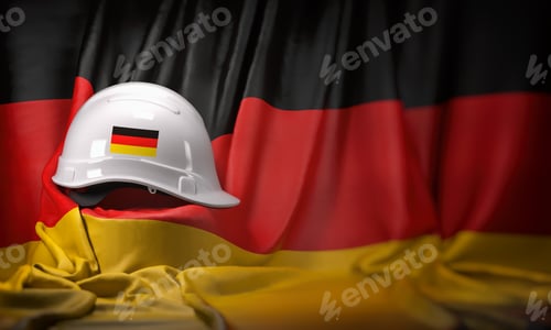 Preview: White hard hat laying over Germany flag. Construction and employ