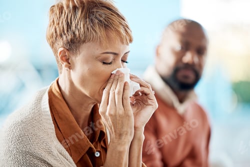 Preview: Blowing nose, flu and sick black woman, allergy symptoms and covid 19 risk, tissue and sneeze with