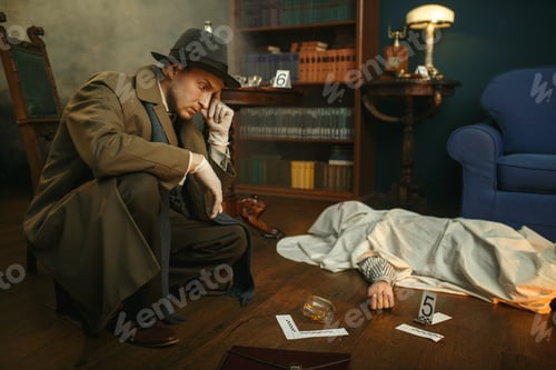Preview: Male detective in gloves thinks at the crime scene