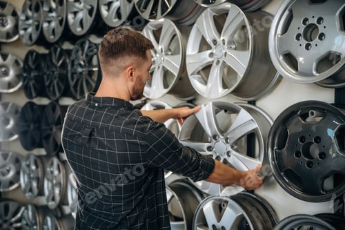 Preview: Choosing the right disk. Man worker is maintenance station with tires, wheels