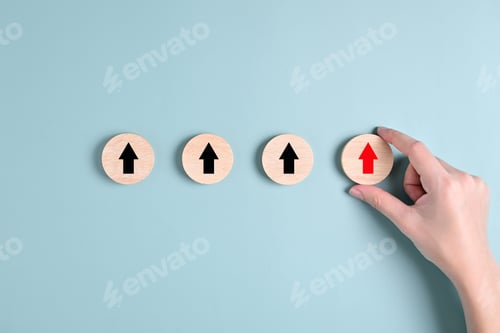 Preview: Arrow up sign on wooden blocks, Business growth success process, Business achievement goal and