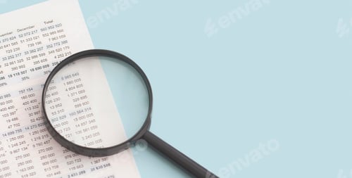 Preview: Business charts and magnifying glass on table. Financial development, Banking Account, Statistics