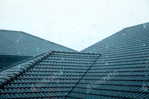 Preview: Rain is Falling into Blue Tiles Roof. Shot on Rainy Day. Weather and Season Change