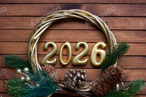 Visualização: Feliz Ano Novo, números dourados 2026 em aconchegante fundo de madeira marrom festivo com lantejoulas, neve, luz