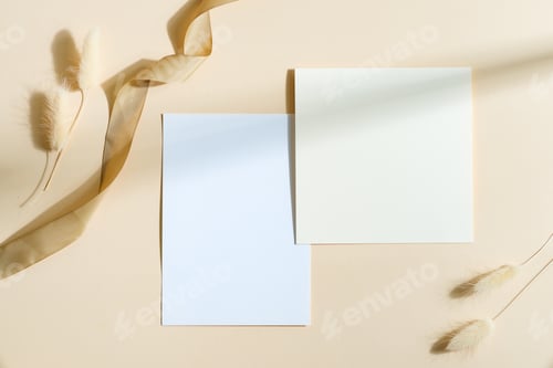 Preview: Paper cards decorated dry grass and ribbon with shadows
