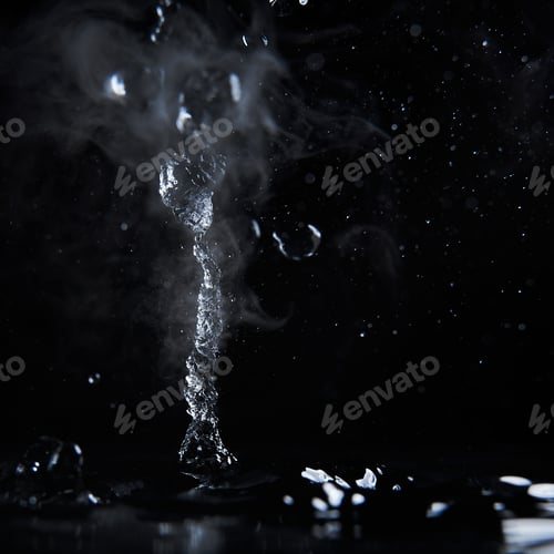 Preview: Boiling water splash with steam on black background closeup