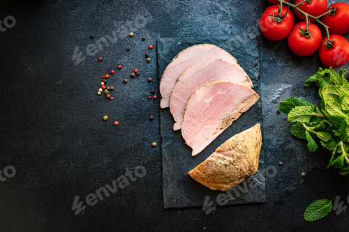 Preview: Fresh Cold Boiled Pork Meat Slice Delicious Ready Eat On The Table Healthy Meal Snack Outdoor Top