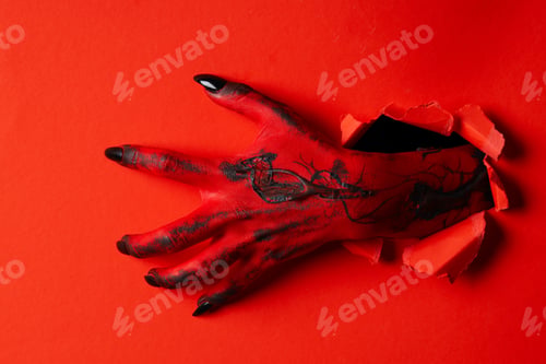 Preview: Red female hand with black nails on red background
