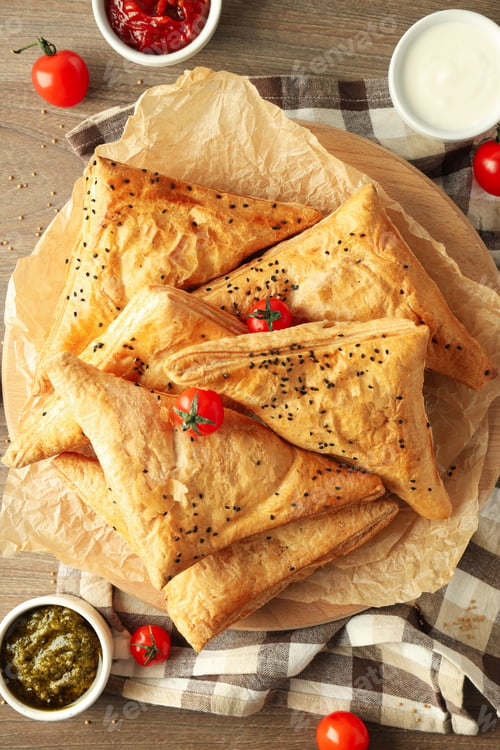Preview: Concept of tasty food with samsa on wooden background