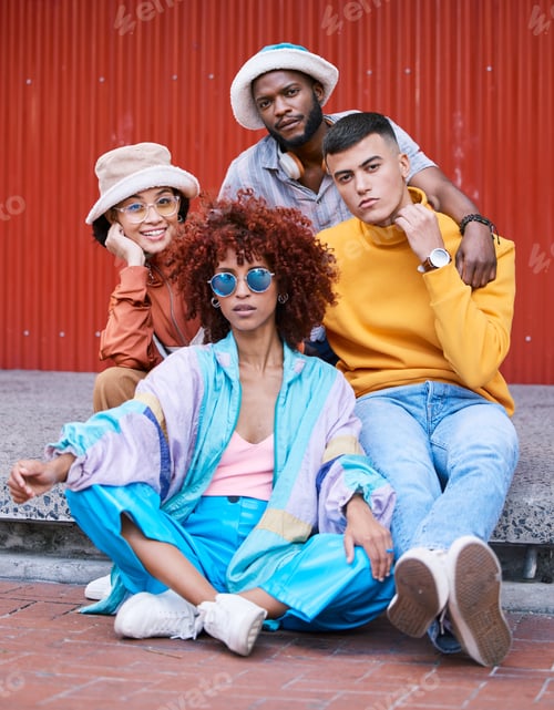 Preview: Friends, fashion and gen z, people in portrait and diversity, relax on sidewalk and casual, cool an