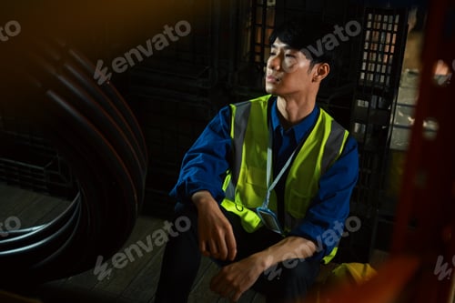 Preview: Tired asian male worker sitting on floor in warehouse feeling tried after overwork.