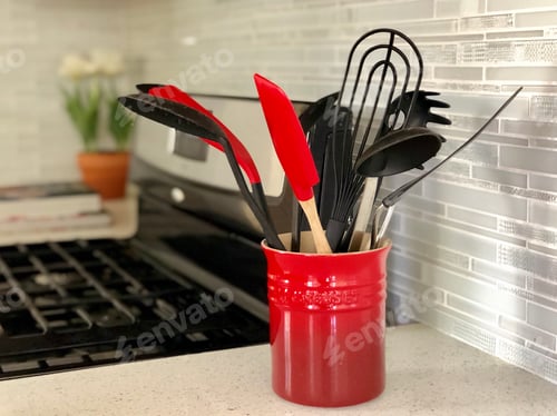 Preview: White Kitchen counter with red pops of color