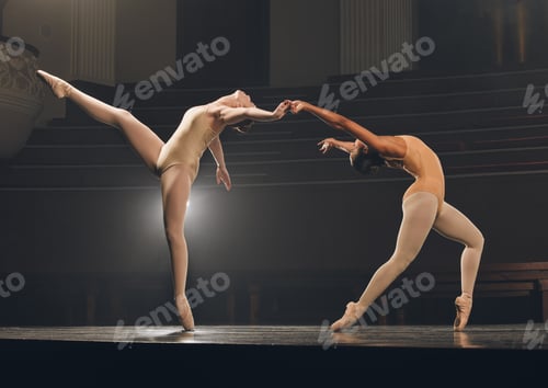 Preview: Shot of a group of ballet dancers practicing a routine on stage