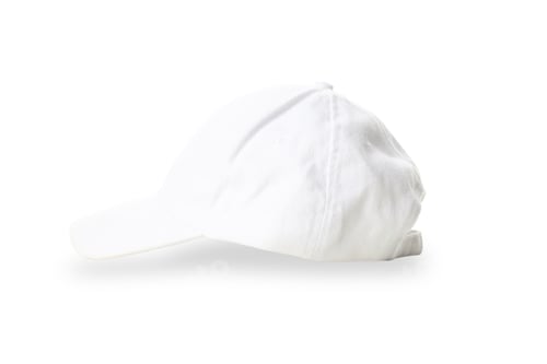 Preview: White baseball cap with curved brim shown from the side, on white