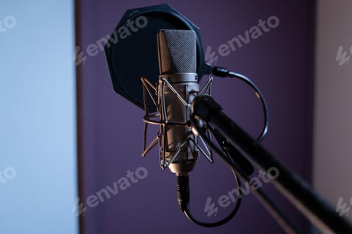 Preview: Closeup shot of a condenser microphone with a pop filter and a blurred background