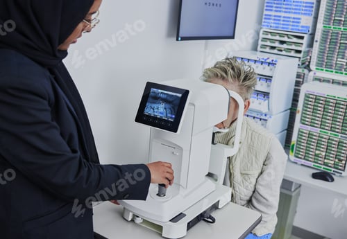 Preview: Optometry, screen for eye exam and optician with patient for vision test, eyesight and optical asse