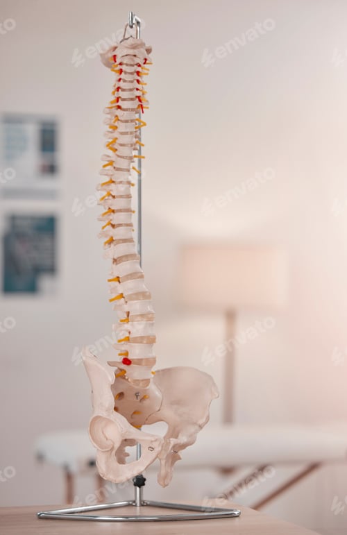 Preview: Spine model, bone and chiropractic office on table, desk or display for learning, education or advi