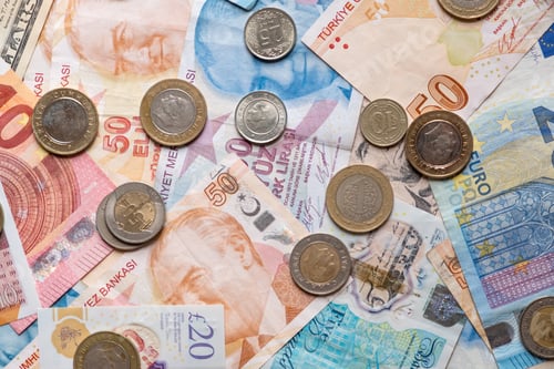 Preview: US dollars,Euro,Sterling and Turkish Liras,coins on top of each other completely covering the screen