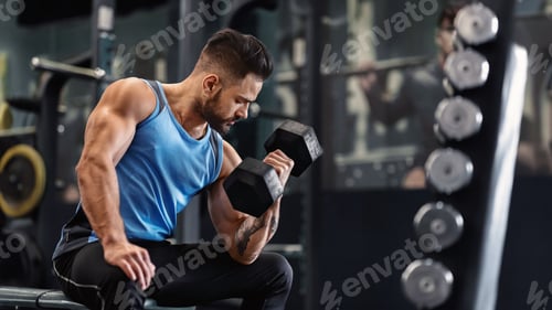 Preview: Bodybuilder pumping his biceps with dumbbell in gym
