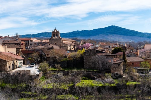 Preview: Scenic panoramic view of the the village of Horcajuelo de la Sierra during springtime
