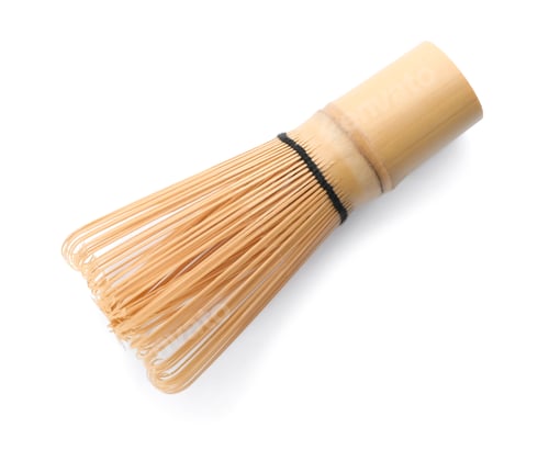 Preview: Tea whisk made of bamboo on white background, top view