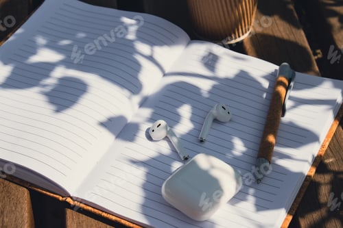 Preview: Take away coffee in craft recycling paper cup with paper notebook with wireless headphones. Mockup