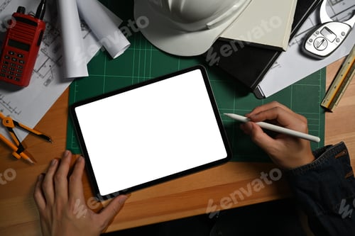Ingeniero civil que usa una tableta digital y trabaja con planos en la estación de trabajo.