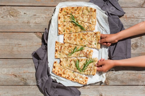 Preview: Flammkuchen, traditional German pizza with red onion, bacon, cream cheese