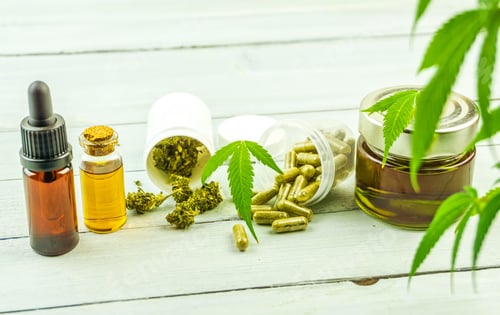 Preview: Assorted cannabis cbd thc products, capsules oil buds and skincare