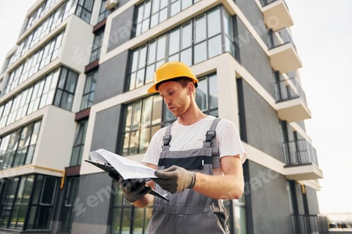 Preview: Modern city. Young man working in uniform at construction at daytime