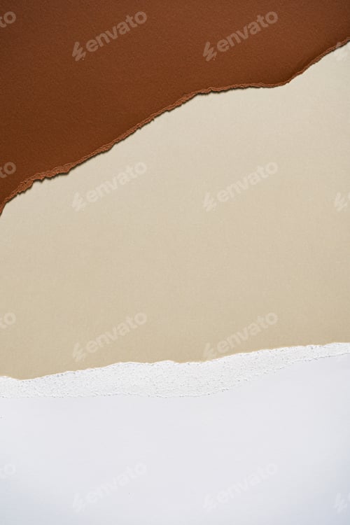 Preview: Earthy brown, beige and white torn paper background. Overhead Summer theme - Earth tones flatlay.