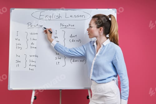 Preview: Young woman teaching English language while standing near the whiteboard against pink background