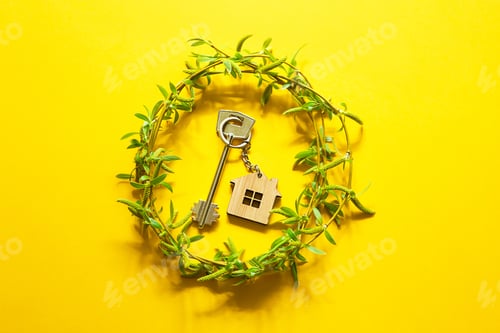 Preview: House key with keychain on yellow background and spring bouquet of branches with leaves.