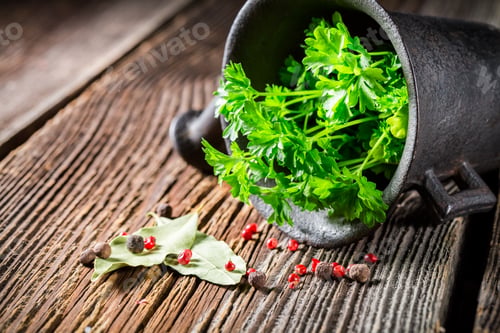 Preview: Mortar with parsley, pepper and bay leaf