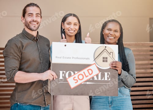 Preview: Shot of a young couple and their real estate agent holding up a sold board outside their house