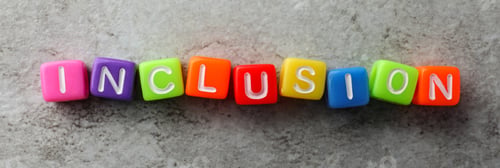 Preview: Colorful cubes with word Inclusion on grey background, flat lay. Banner design