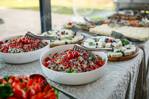 Preview: Fresh salad bar with colorful dishes at outdoor gathering in sunny weather