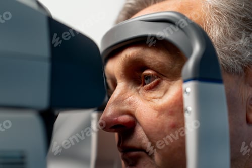 Preview: close-up in ophthalmology clinic elderly patient is diagnosed with a vision test using machine