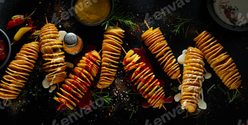 Preview: Spicy potato skewers with herbs and sauce