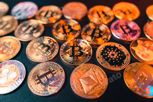 Vista previa: Crypto coins and money on the desktop