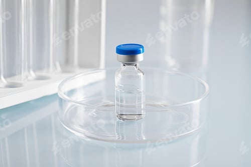 Preview: Closeup shot of a closed glass vial with clear liquid in a glass dish at a lab