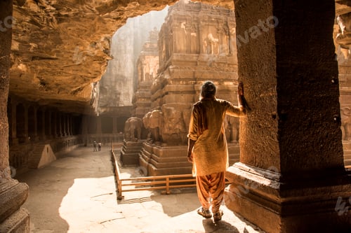 Preview: Hindu Sadhu the holy men visiting the Kailasa Temple, Ellora caves, UNESCO world heritage side.