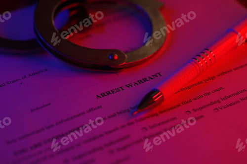 Preview: District Court Arrest Warrant court papers with handcuffs and blue pen on United States flag