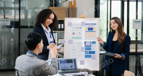 Preview: Group of young Asian business people discussing business plan at modern startup in creative business