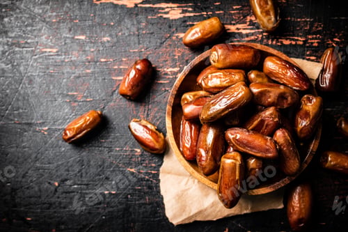 Preview: Delicious dates on a wooden plate.