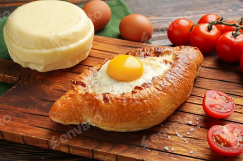 Preview: Tasty khachapuri with cheese and other products on wooden table, closeup