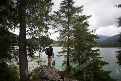 Preview: Man with backpack and dog on edge of forest lake