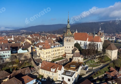Preview: Cityscape of Sighisoara and the medieval Clock Tower in Romania